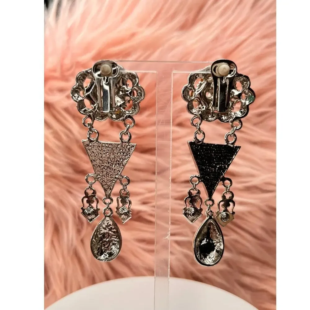 Ornate Art Deco Pink Rhinestones & Peach enamel Dangle Clip-On Earrings -New